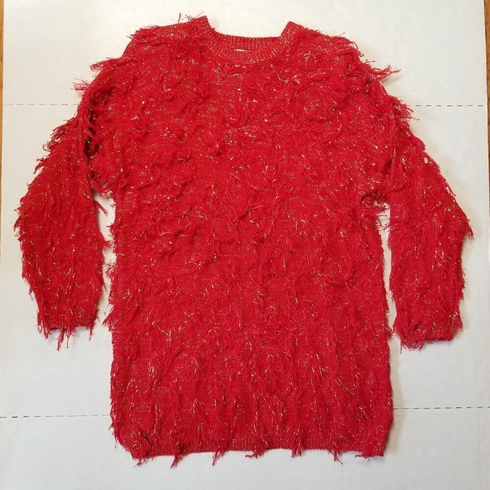 Vintage Carolina Colour‎ Small Red & Gold Tunic Sweater Fringe Knit Metallic